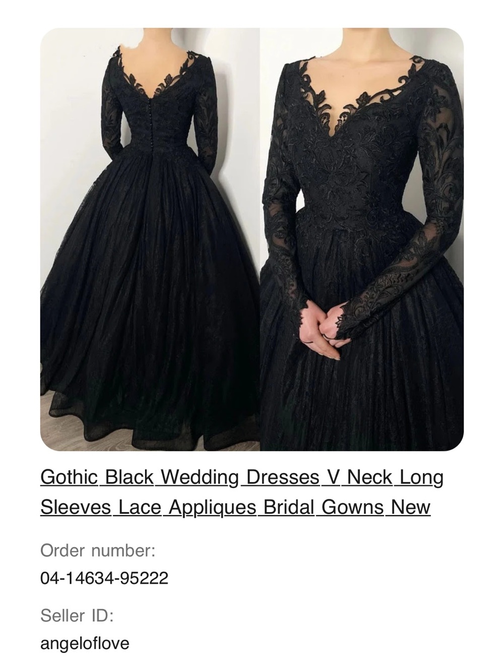 Black Lace V-Neck Long Sleeve Ball Gown Dress goth wedding